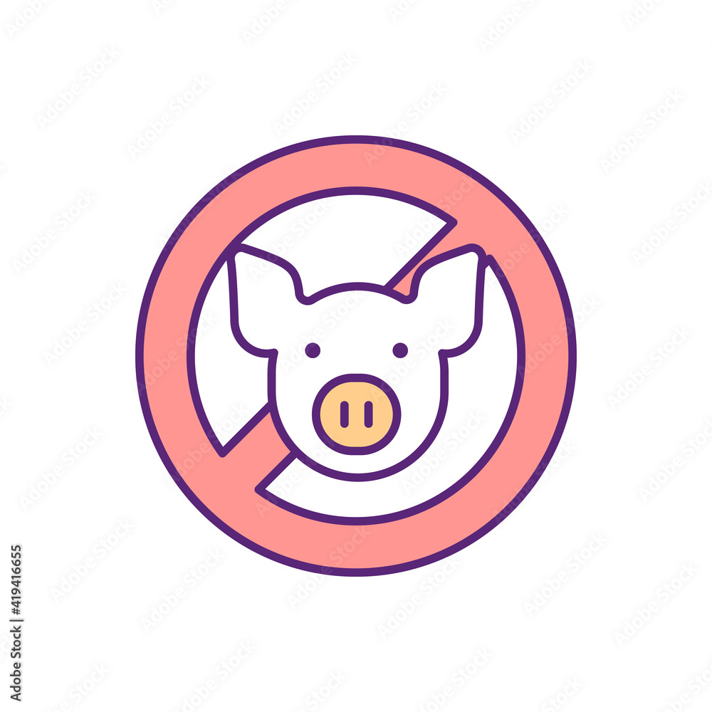 No pig RGB color icon. Food restriction, avoid pork meat. Prevent animal cruelty. Vegan meal. Protection from swine flu. Danger of H1N1. Safety from inluenza. Isolated vector illustration No pig RGB color icon. Food restriction, avoid pork meat. Prevent animal cruelty. Vegan meal. Protection from swine flu. Danger of H1N1. Safety from inluenza. Isolated vector illustration