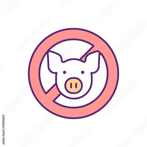 No pig RGB color icon. Food restriction, avoid pork meat. Prevent animal cruelty. Vegan meal. Protection from swine flu. Danger of H1N1. Safety from inluenza. Isolated vector illustration
