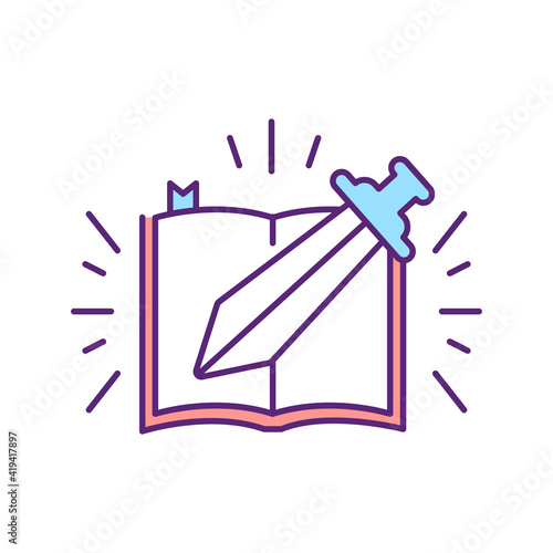 Holy war RGB color icon. Religious violence. Bible and weapon, sacred text and sword. Historic crusaders. Armed battle. Threat of attack. Controversy with religion. Isolated vector illustration