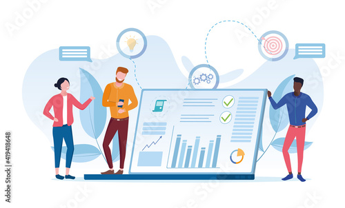 Male and female characters are working on online analytics and statistics together. Concept of web page improvement for business promotion as marketing strategy. Flat cartoon vector illustration photo