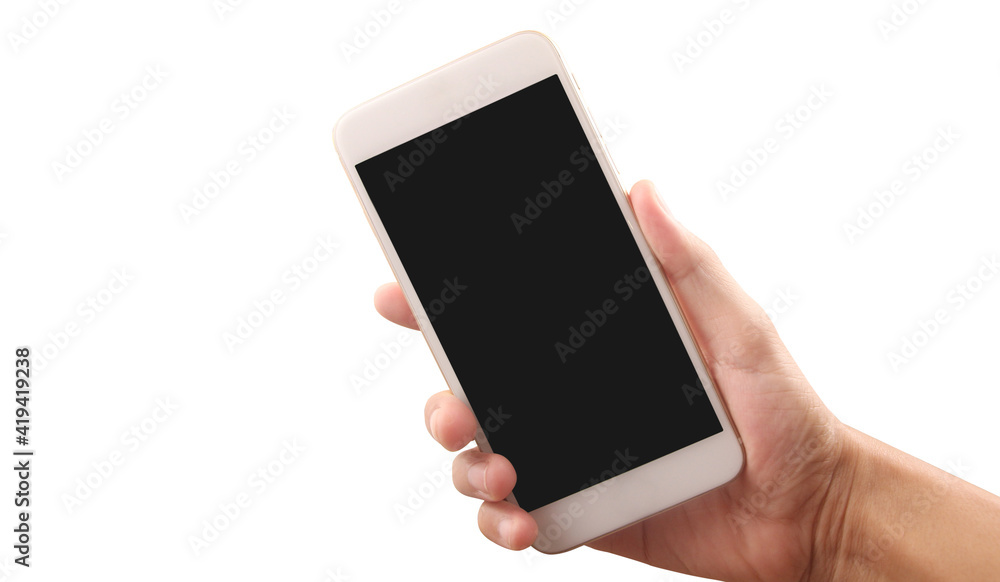 Hand holding smartphone device touching screen Hand holding smartphone device touching screen