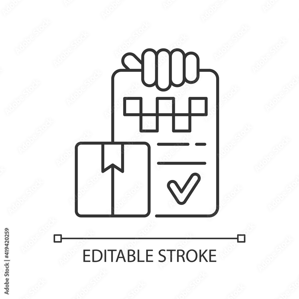 Package delivery linear icon. Online order. Fast courier Shipping service. Online purchase . Thin line customizable illustration. Contour symbol. Vector isolated outline drawing. Editable stroke Package delivery linear icon. Online order. Fast courier Shipping service. Online purchase . Thin line customizable illustration. Contour symbol. Vector isolated outline drawing. Editable stroke