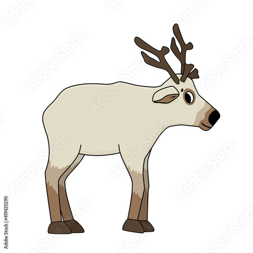 Vector outline cartoon single illustration of Reindeer Caribou. Doodle isolated Animal from Iceland on white background. Side view.