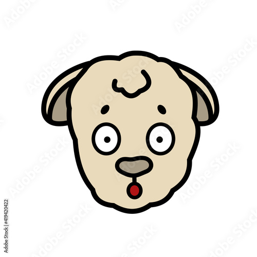 Vector farm isolated muzzle sheep animal head with emotion. Surprised  frightened  discouraged  ears lowered with fear. Cute cartoon funny little lamb baby face on white background.