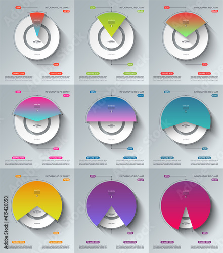 Set of infographic pie chart templates. Share of 10, 20, 30, 40, 50, 60, 70, 80, 90 percent. Vector illustration