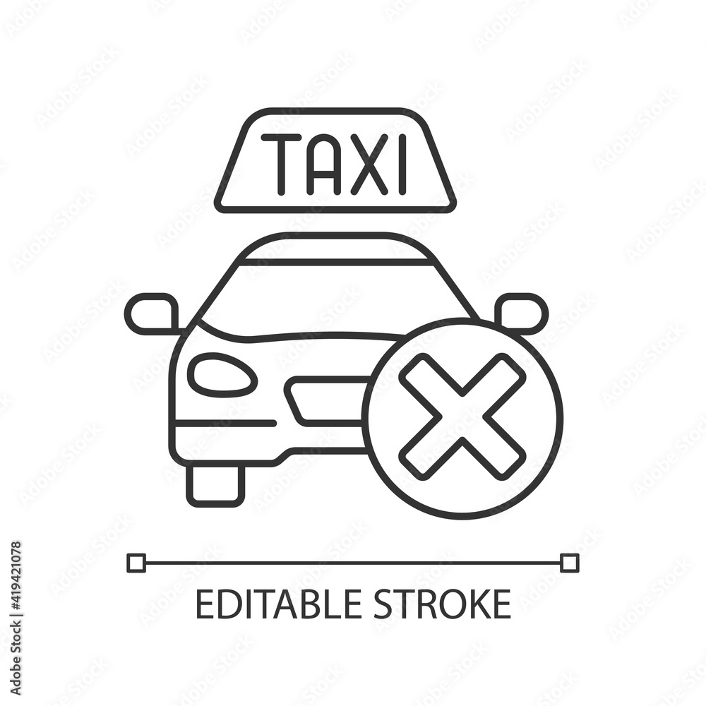Cancellation policy linear icon. Cancel of ordered taxi. Trip cancellation penalty. Thin line customizable illustration. Contour symbol. Vector isolated outline drawing. Editable stroke Cancellation policy linear icon. Cancel of ordered taxi. Trip cancellation penalty. Thin line customizable illustration. Contour symbol. Vector isolated outline drawing. Editable stroke