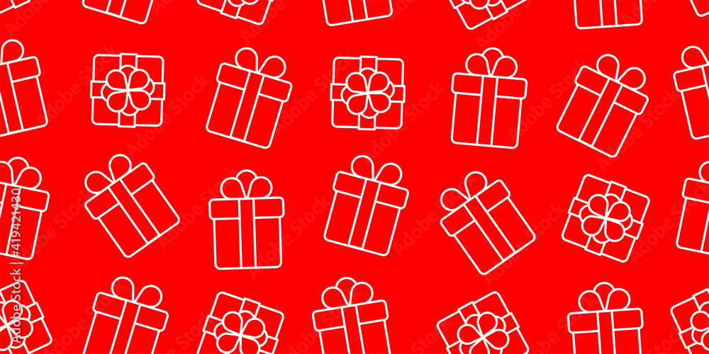 Seamless pattern of white simple line gift boxes on red backdrop Seamless pattern of white simple line gift boxes on red backdrop