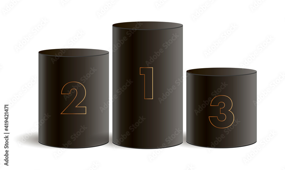 Black winner podium, three cylinders with award place numbers in gold Black winner podium, three cylinders with award place numbers in gold