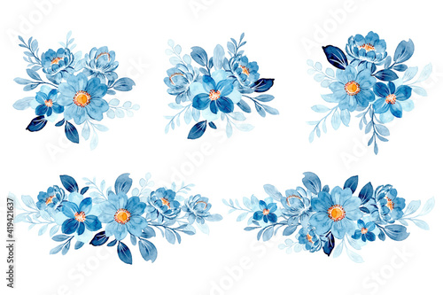 Collection of blue floral arrangement with watercolor