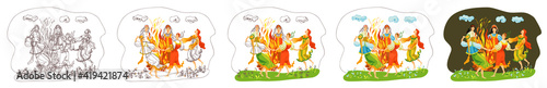 Ivan Kupala Day - Summer solstice is a traditional Russian folk holiday. The girls dance in a circle around the fire. Create an illustration from a graphic image to a color one.