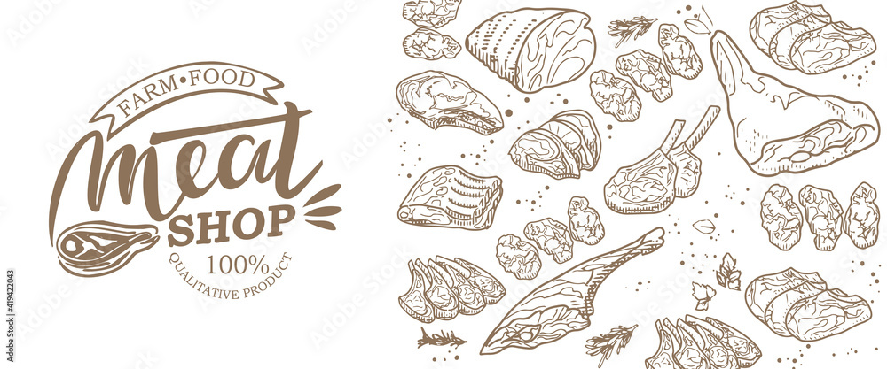 A set of raw meat. Beef, pork, lamb. Vector illustration in the style of a sketch. A booklet, banner, or flyer of a butcher shop or store. A set of raw meat. Beef, pork, lamb. Vector illustration in the style of a sketch. A booklet, banner, or flyer of a butcher shop or store.