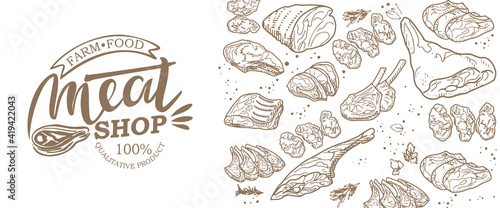 A set of raw meat. Beef, pork, lamb. Vector illustration in the style of a sketch. A booklet, banner, or flyer of a butcher shop or store.