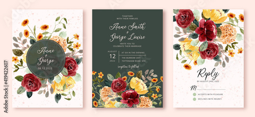 wedding invitation set with beautiful flower garden watercolor
