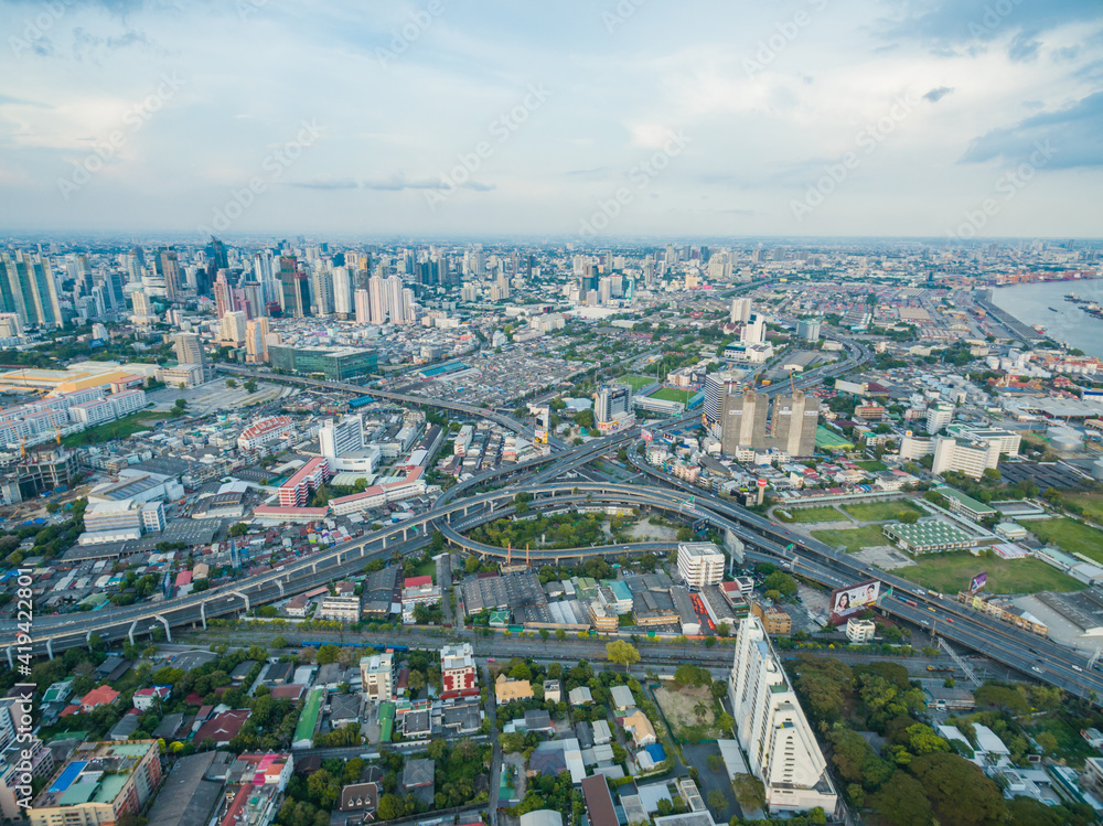 aerial panorama view with skyscrapers and blue sky in the day.