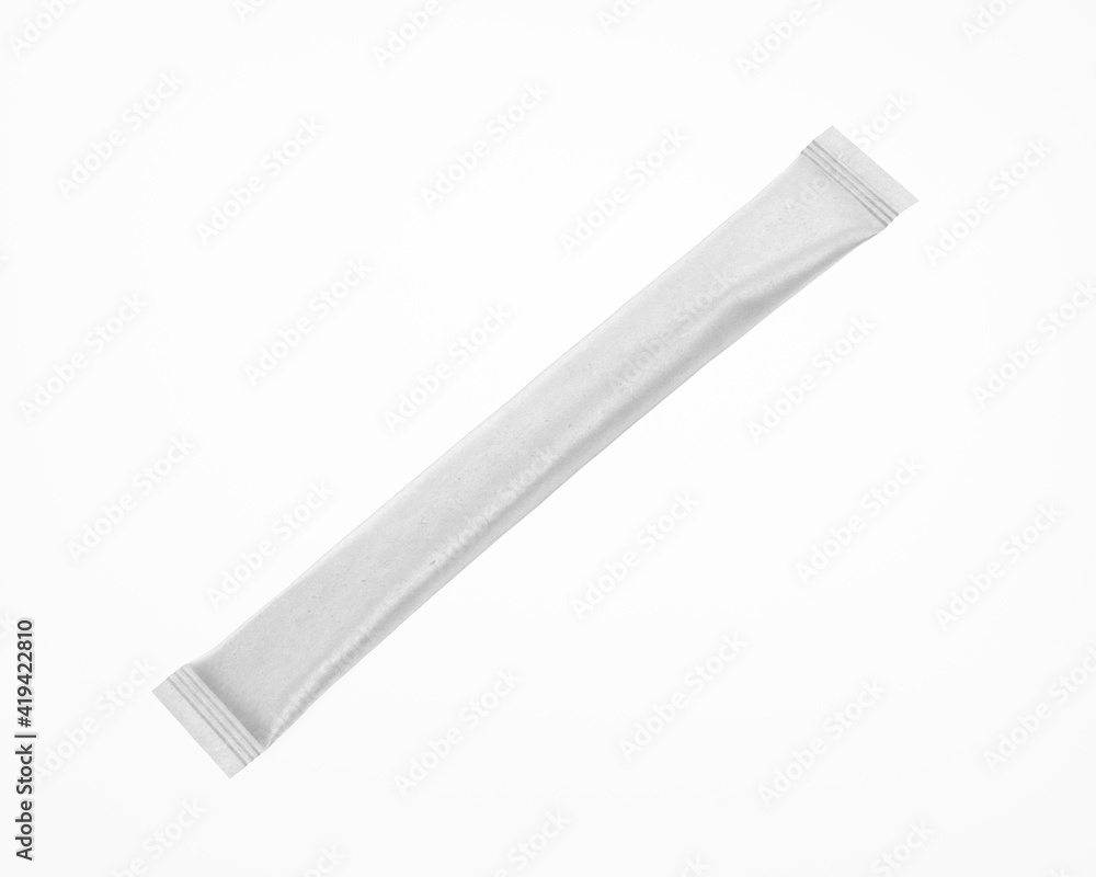 White Kraft Stick Sachet Mockup - 3D Illustration Isolated on White, Halfside View White Kraft Stick Sachet Mockup - 3D Illustration Isolated on White, Halfside View
