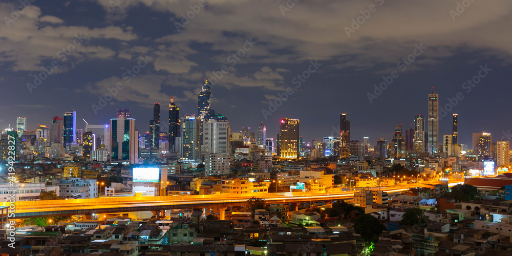 Panorama view of Bangkok City with expressway at night
