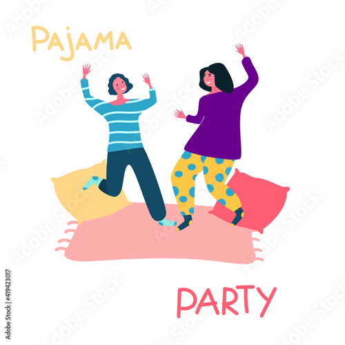 Pajama party. teenagers have fun together. Poster, flyer, banner for the event. Girlfriends in pajamas in the bedroom. vector illustration on white isolated background