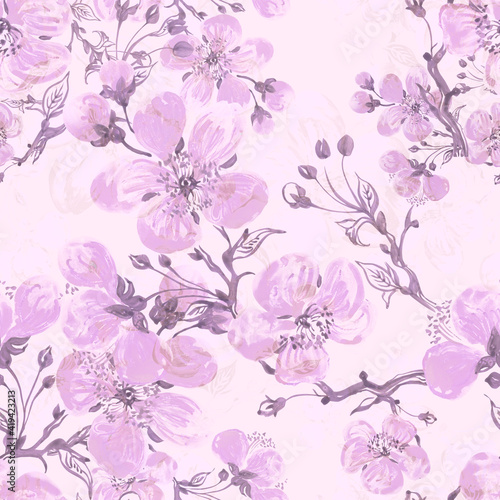  Abstract floral seamless pattern drawn blooming spring branch