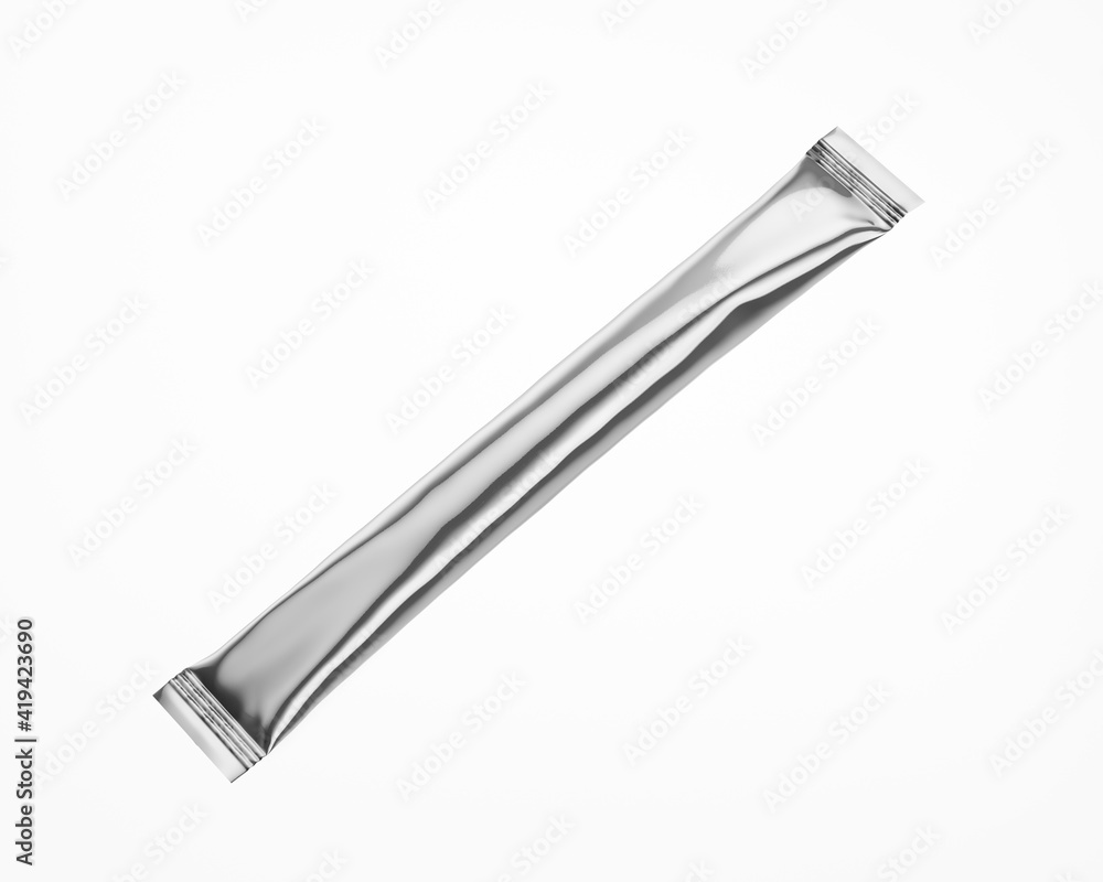 White Metallic Stick Sachet Mockup - 3D Illustration Isolated on White, Halfside View White Metallic Stick Sachet Mockup - 3D Illustration Isolated on White, Halfside View