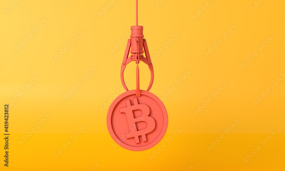 Bitcoin cryptocurrency coin being grabbed by a robotic claw. 3D Rendering Bitcoin cryptocurrency coin being grabbed by a robotic claw. 3D Rendering