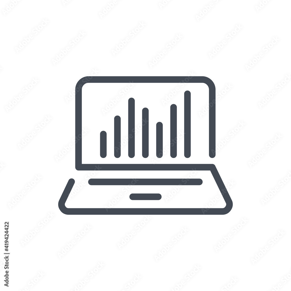 Seo and Online statistics graph line icon. Laptop with analytics chart vector outline sign. Seo and Online statistics graph line icon. Laptop with analytics chart vector outline sign.