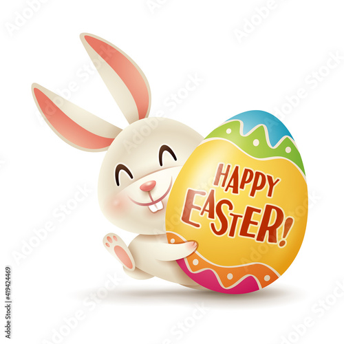 Easter bunny and Easter painted eggs. Isolated.