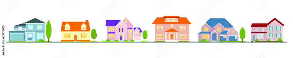 Exterior vector illustration front view of houses with roof. Modern. Townhouse apartment apartment. Home front with doors and windows