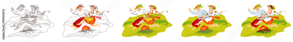 Naklejka premium The process of creating an illustration from a graphic image to a color one. Ivan Kupala Day is a Russian national holiday. A man and a woman jump over a fire in a forest clearing.