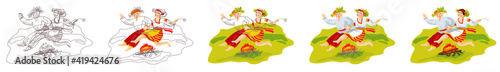The process of creating an illustration from a graphic image to a color one. Ivan Kupala Day is a Russian national holiday. A man and a woman jump over a fire in a forest clearing.