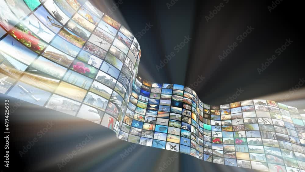 Wall of screens, many images, rays of light - great for topics like broadcasting tv channels or movies over the Internet, communication, entertainment etc - loopable digital animation - 4K animation