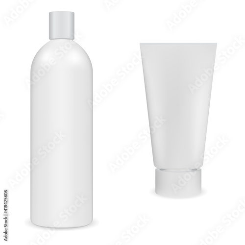 Shampoo bottle, hand cream tube, cosmetic package. White plastic container blank. Body skin beauty product packaging design, ralistic illustration mock up. Hair shampoo, toothpaste tube