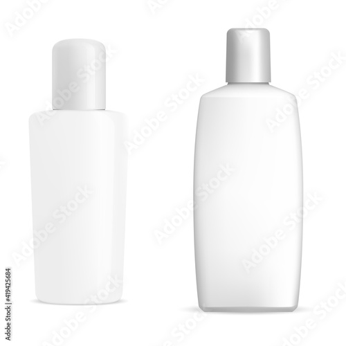 White shmpoo bottle. Cosmetic package mockup, vector blank. Bath gel container design, liquid soap bottle collection, hair or body lotion packaging set. Bathroom tube, clear mask, milk