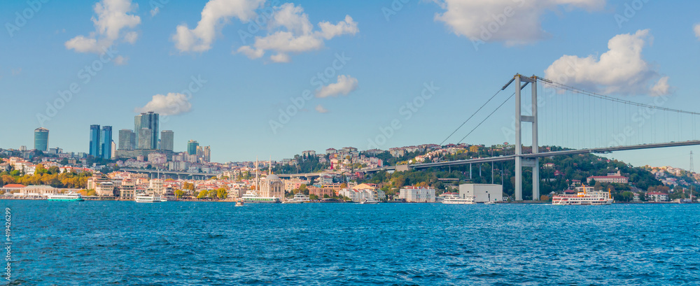 Fototapeta premium Cityscape of Istanbul from Bosphorus Strait, Turkey. Panoramic view