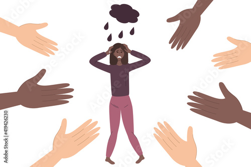Concept anxiety disorders. A depressed African woman in deep depression. Many hands of different nationalities offer help in solving psychological problems. Vector illustration in a flat linear style
