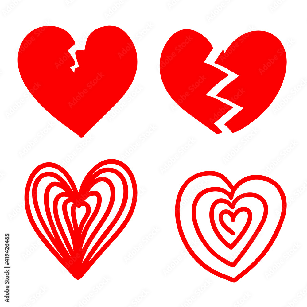Set of illustrations of doodle hearts. Design element for poster, card, banner, sign, emblem. Vector illustration