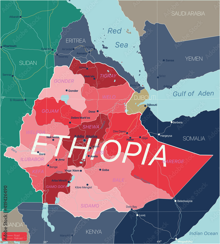 Vetor do Stock Ethiopia country detailed editable map with regions