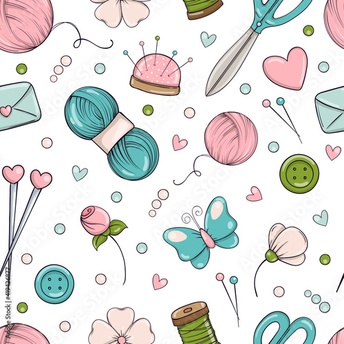 Seamless pattern in doodle style with sewing and needlework items