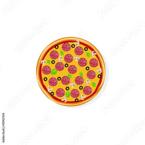 Pizza with salami, olives, and mushrooms top view isolated on the white background