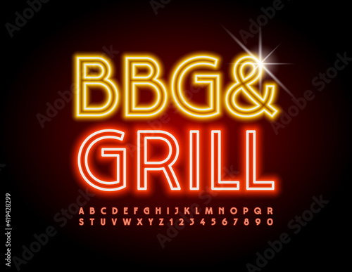 Vector bright logo BBQ and Grill. Illuminated Led Font. Neon red Alphabet Letters and Numbers set