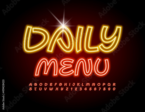 Vector creative template Daily Menu. Glowing electric Font. Neon Alphabet Letters and Numbers set