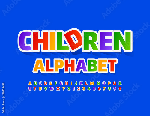 Vector Children Alphabet. Bright creative Font for Kids. Colorful sticker Letters and Numbers set