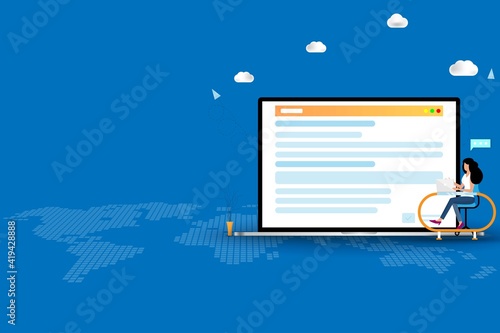 Online application concept, young woman is searching in the internet by using laptop to find a course to apply in the university and or job application after graduation in blue color background.