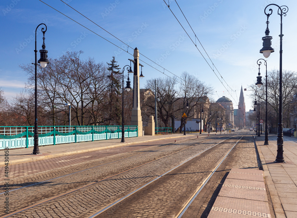 Poznan. Theatrical bridge on a sunny morning.
