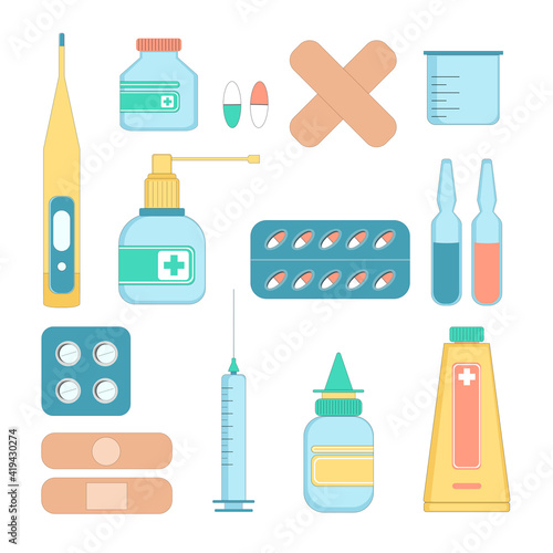 Thermometer, adhesive plaster, ampoules with medication, pills in blisters, syringe, measuring cup, ointment, throat spray, bottles with drugs in flat style on white background. Vector illustration