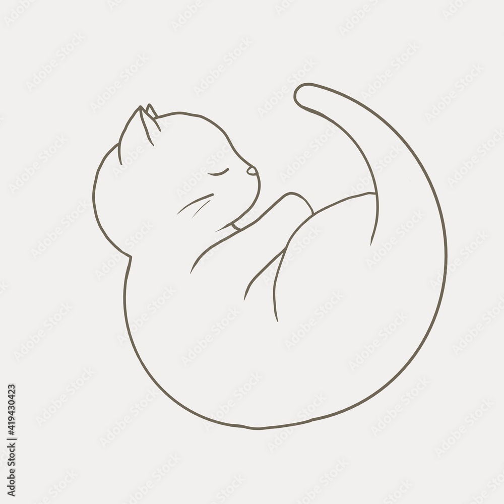 Sleeping curled up kitten. Contour, minimalism Sleeping curled up kitten. Contour, minimalism