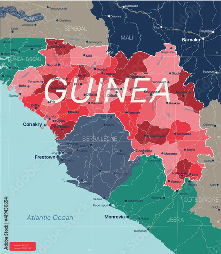 Guinea country detailed editable map with regions cities and towns, roads and railways, geographic sites. Vector EPS-10 file