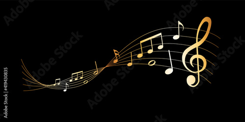 vector sheet music - gold musical notes melody on dark background	
