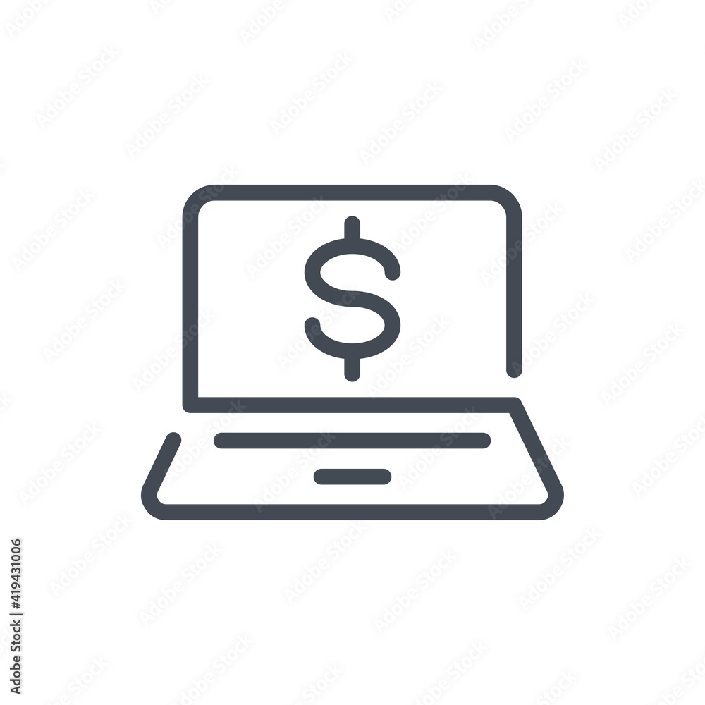 Online payment line icon. Laptop with dollar vector outline sign. Online payment line icon. Laptop with dollar vector outline sign.