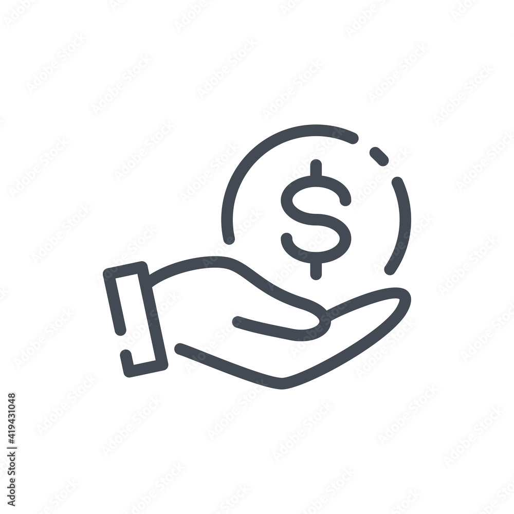 Donation and payment line icon. Hand with dollar coin vector outline sign. Donation and payment line icon. Hand with dollar coin vector outline sign.