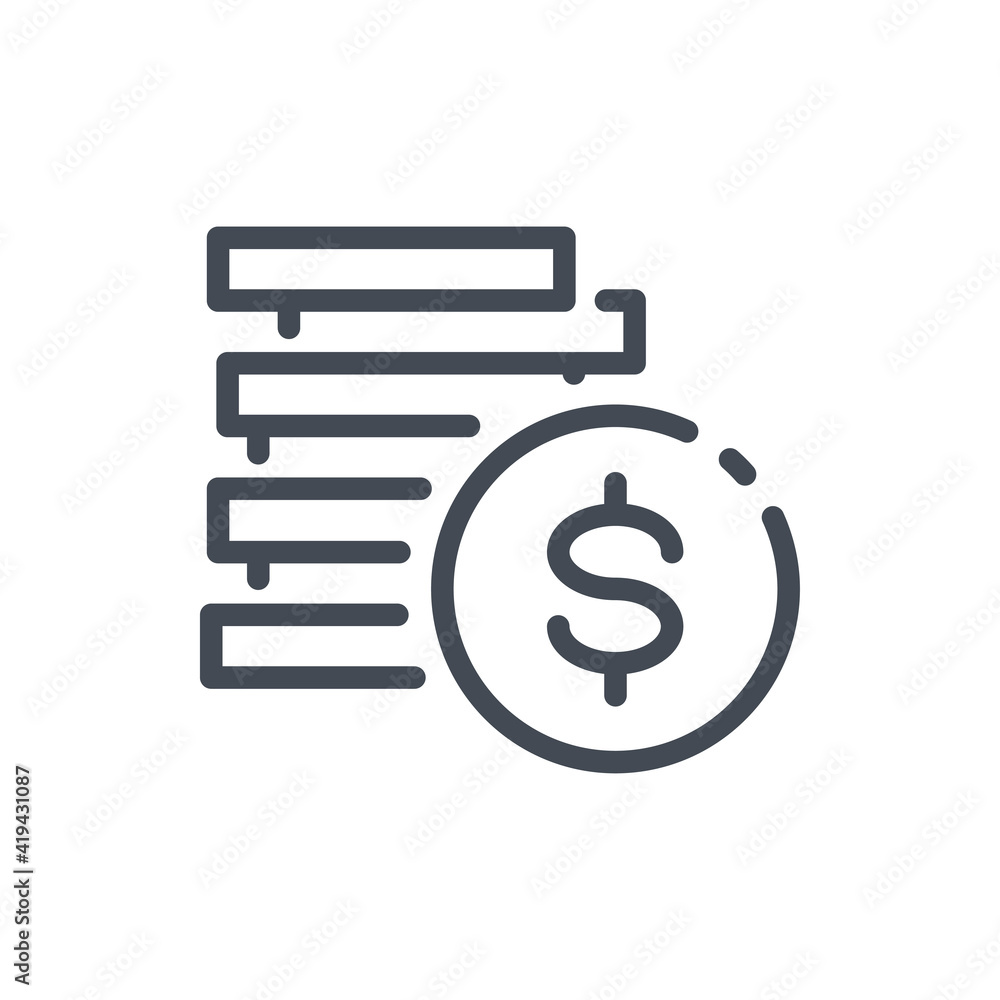 Stack of coins line icon. Pile of coins with dollar vector outline sign. Stack of coins line icon. Pile of coins with dollar vector outline sign.